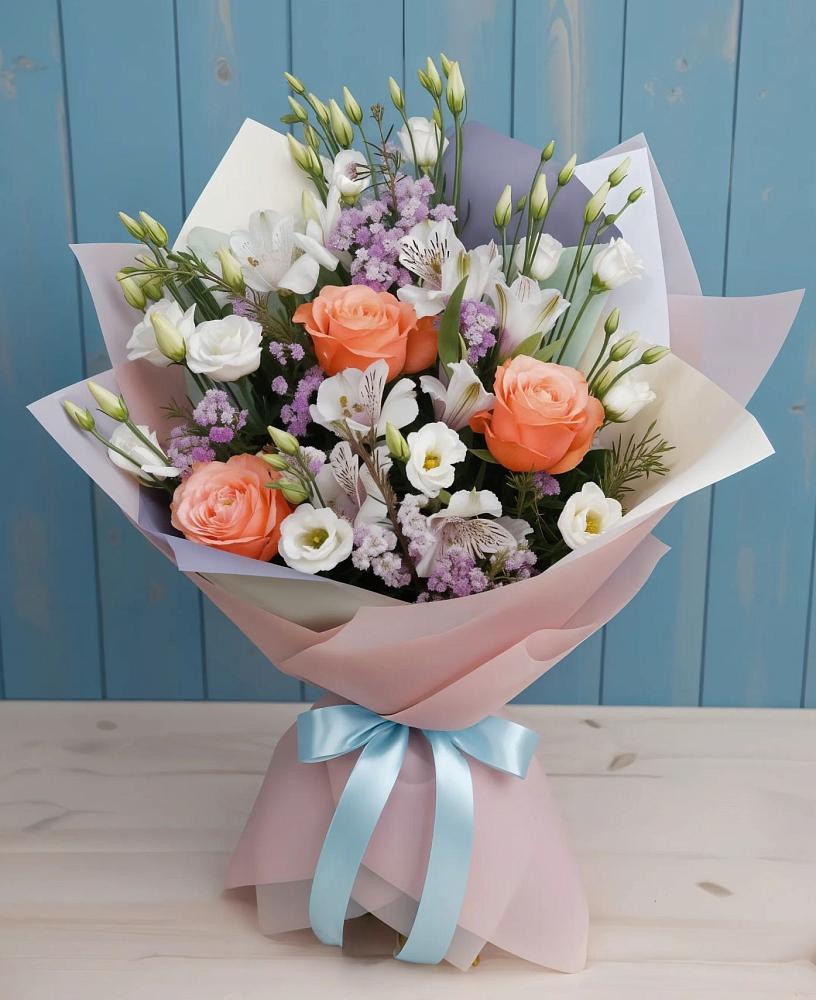 Букет цветов из: Лизиантусы, Розы, Альстромерии и Гипсофила в Березниках